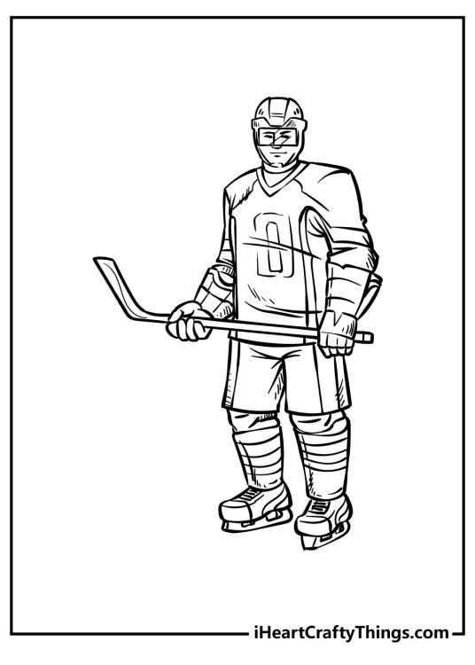 Hockey-inspired coloring picture featuring calm-looking player posing with a hockey stick
