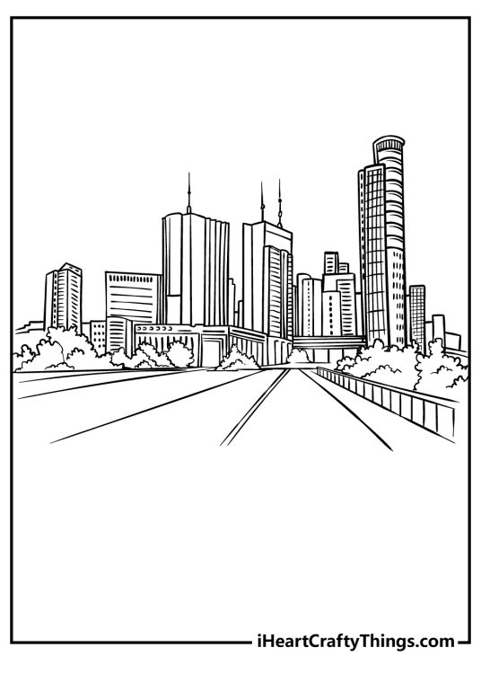 Metropolis-themed coloring card featuring a road with trees on both sides leading to the city
