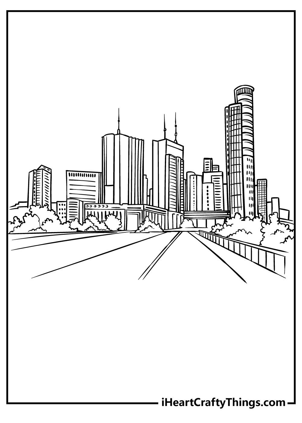 Metropolis-themed coloring card featuring a road with trees on both sides leading to the city