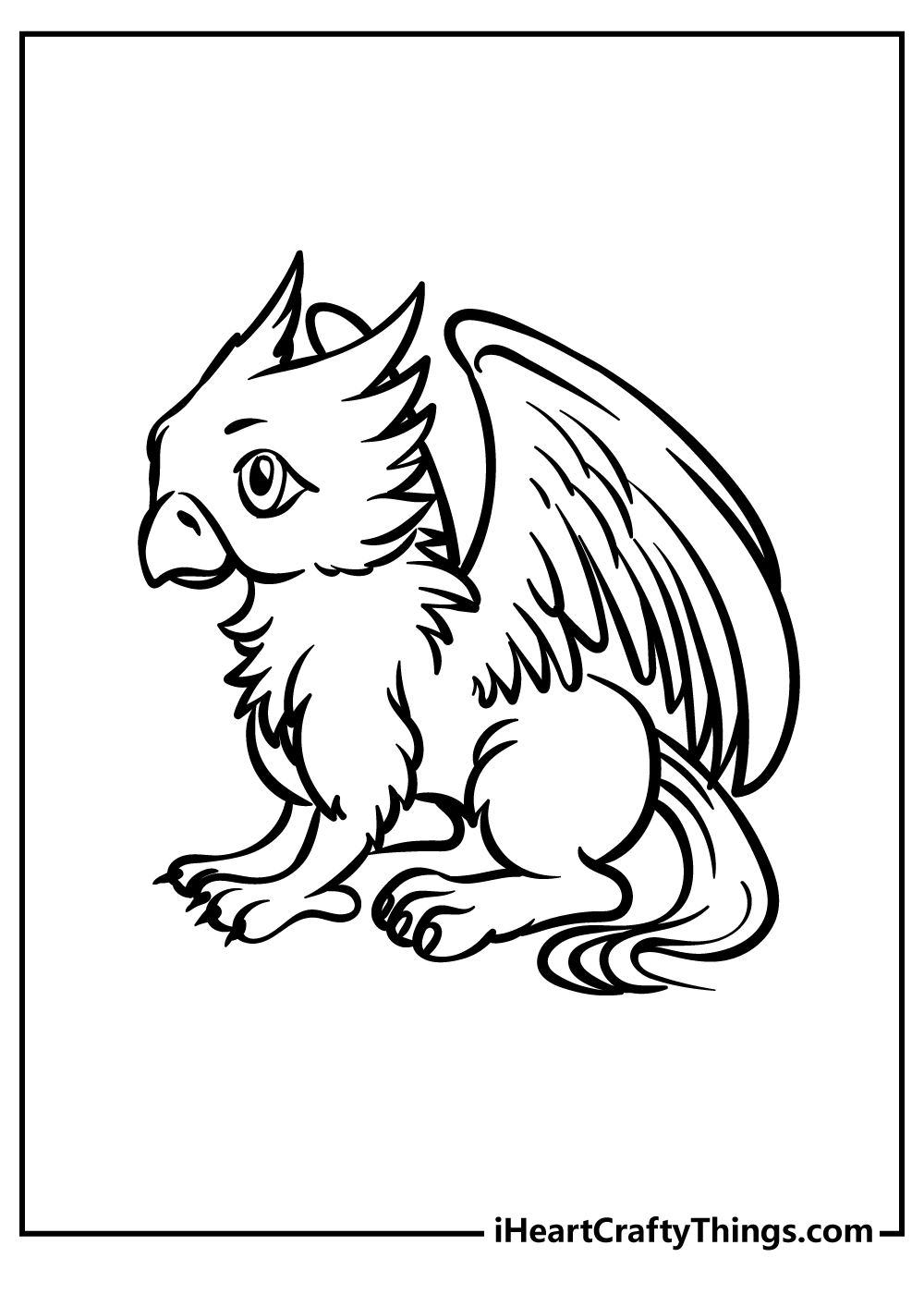 Detailed coloring picture for children featuring little baby griffin looking a bit uncertain