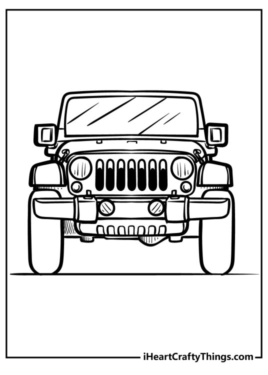 Black-and-white printable image for adults capturing front view of a Jeep vehicle