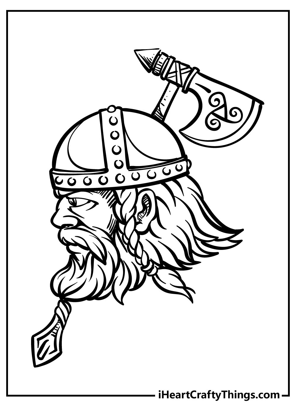 Printable image with a profile shot of a serious viking with his battle ax arranged behind his head