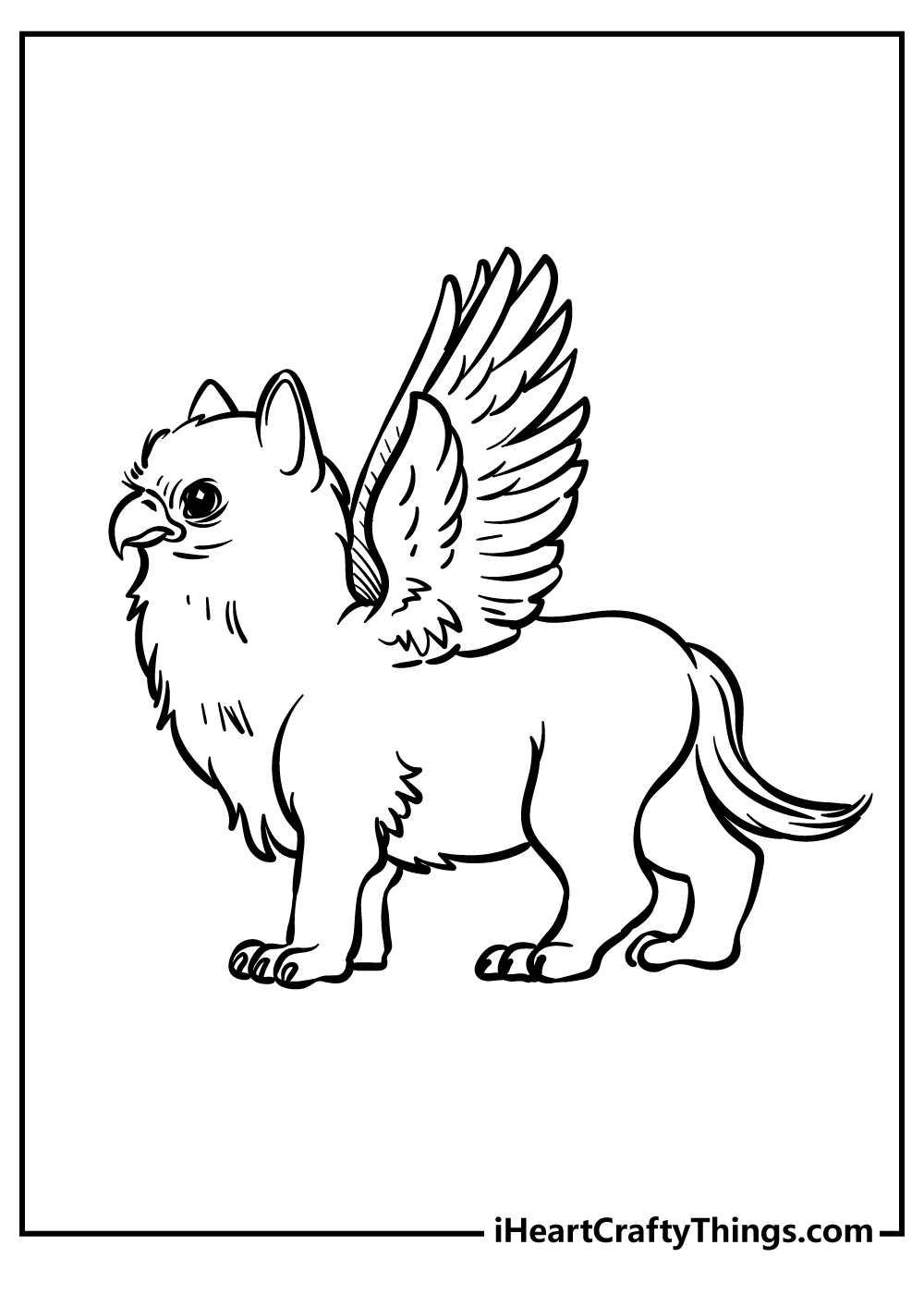 Free drawing for kids to print and color presenting furry young griffin with feathery wings