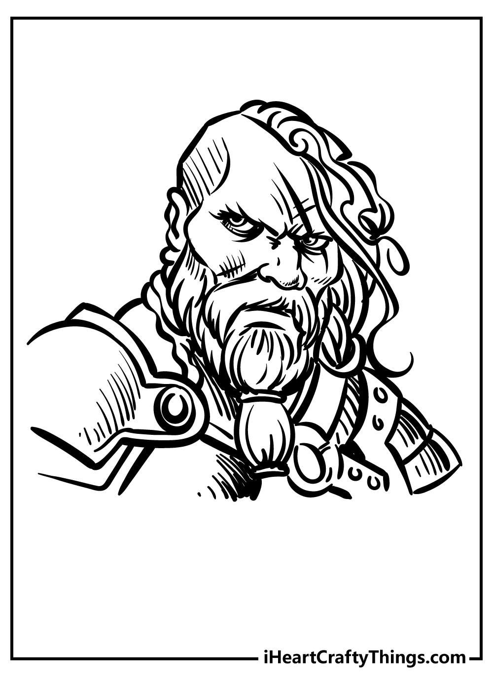 Viking-themed coloring page for adults presenting intense warrior with a really cool hairstyle