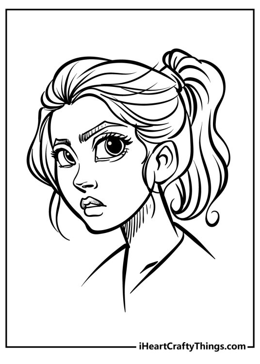 Girly coloring image presenting portrayal of a serious-looking girl with large expressive eyes and ponytail