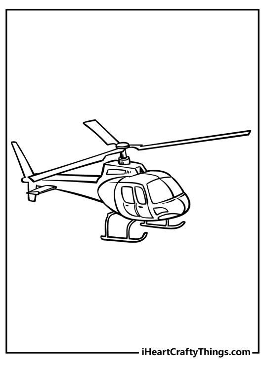 Black-and-white coloring page for kids featuring helicopter from the above with an empty background