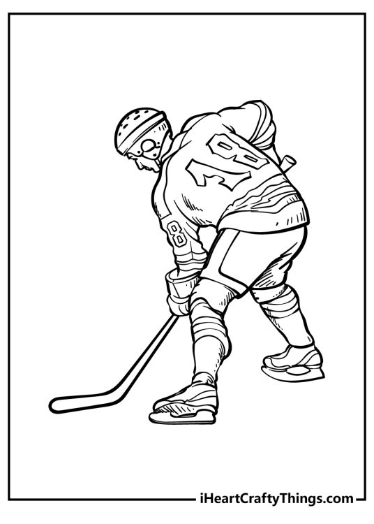 Hockey coloring page featuring a player with number 18 on the shirt pulling off a cool move
