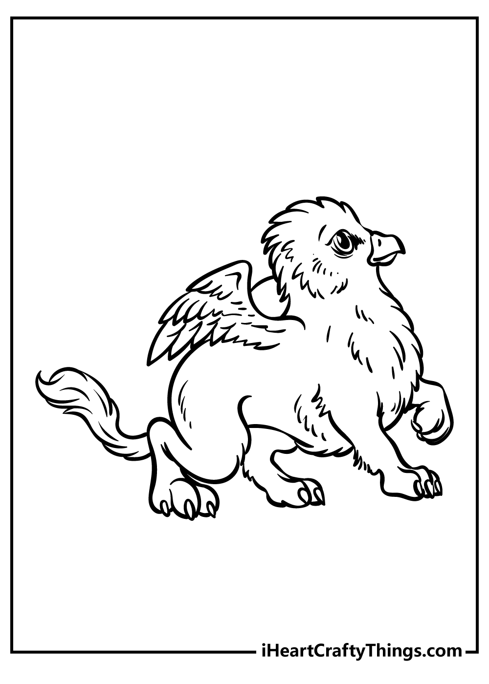 Coloring image presenting adorable little griffin looking up lovingly with blank background