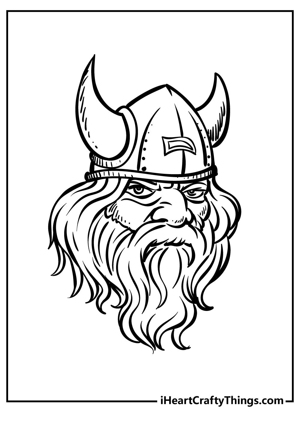 Coloring picture featuring face of a mature viking with long hair and big beard wearing helmet