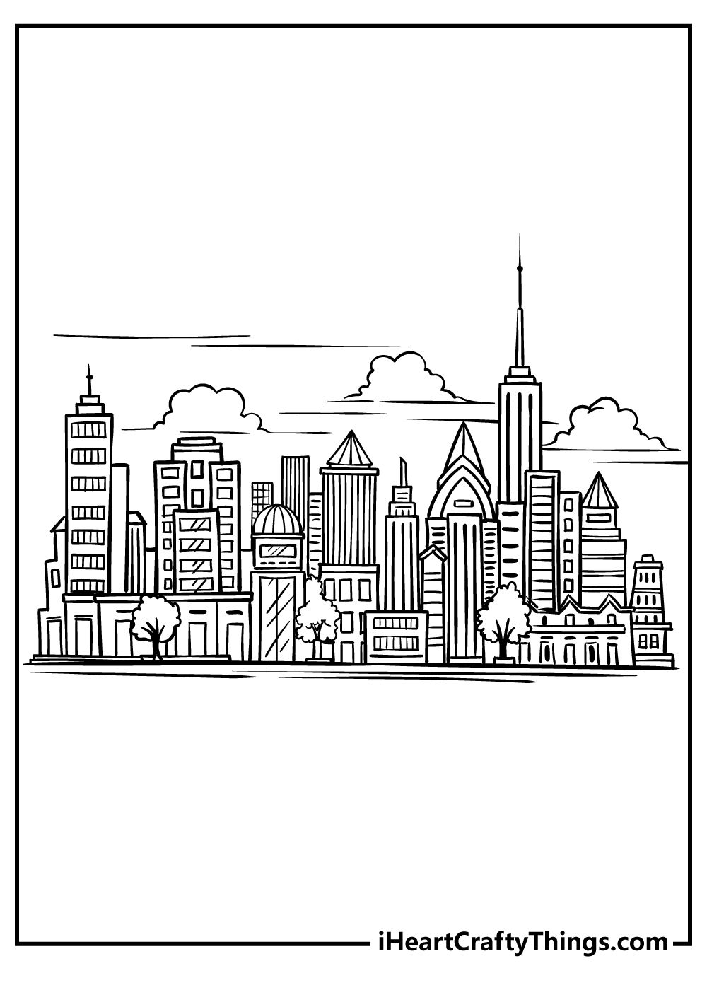 Metropolis-themed printable coloring sheet featuring intricately detailed city with some trees at the front