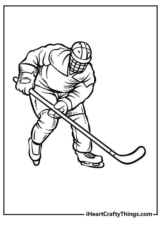 Hockey-inspired coloring image for kids presenting a player swooping in for the puck