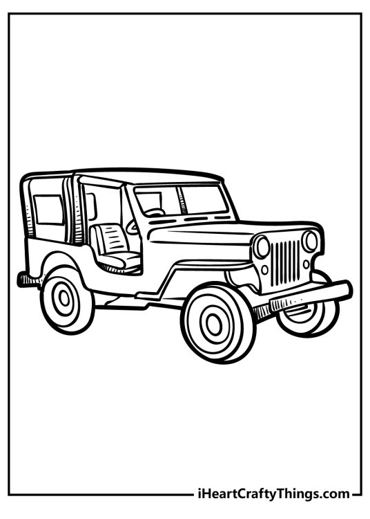 Coloring picture for kids presenting a vintage Jeep with no doors perfect for a safari