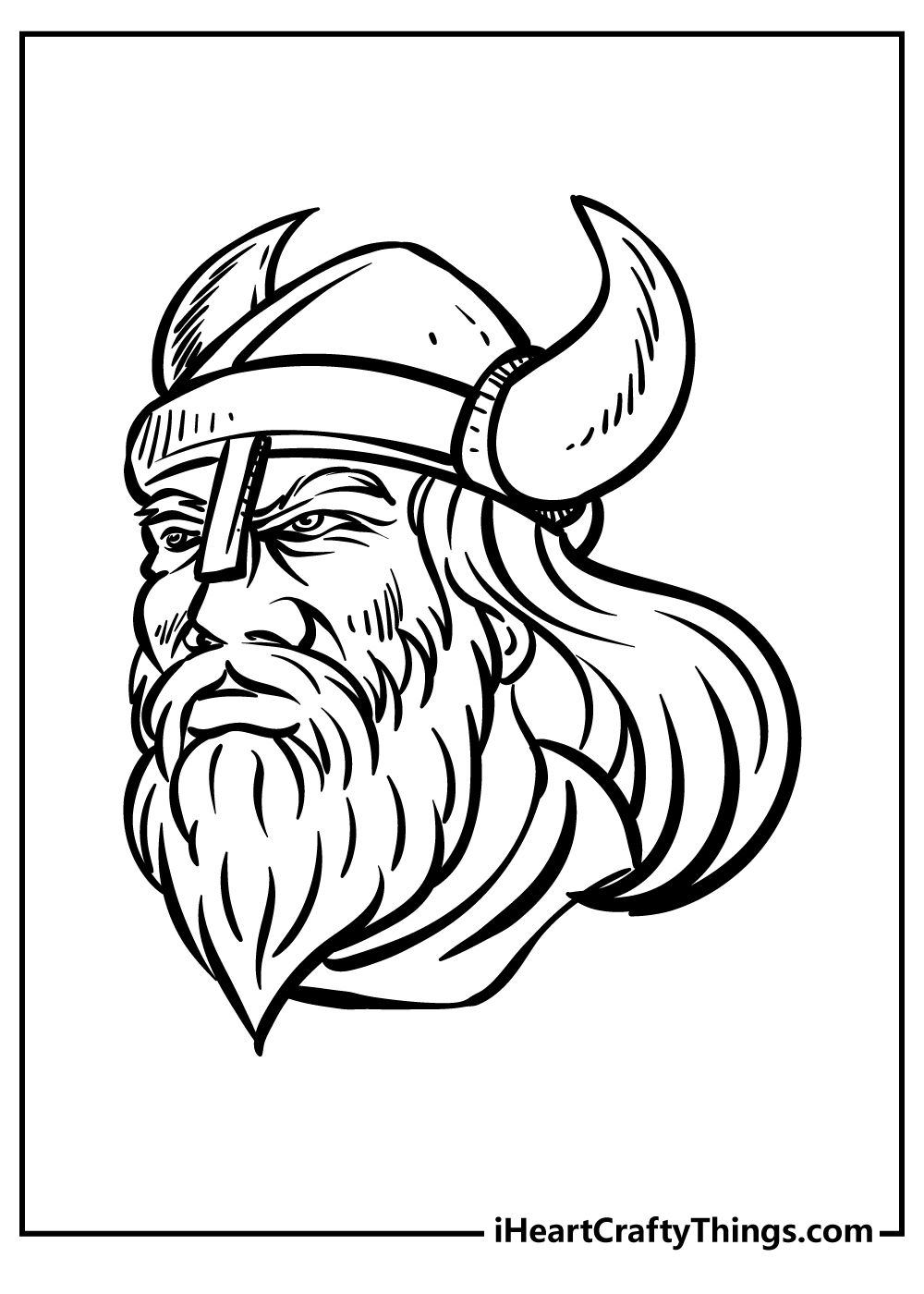 Coloring printable depicting viking with a horned helmet and intense look on his face