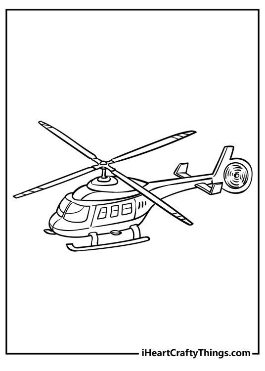 Coloring page for children of a highly detailed helicopter from above with clear background