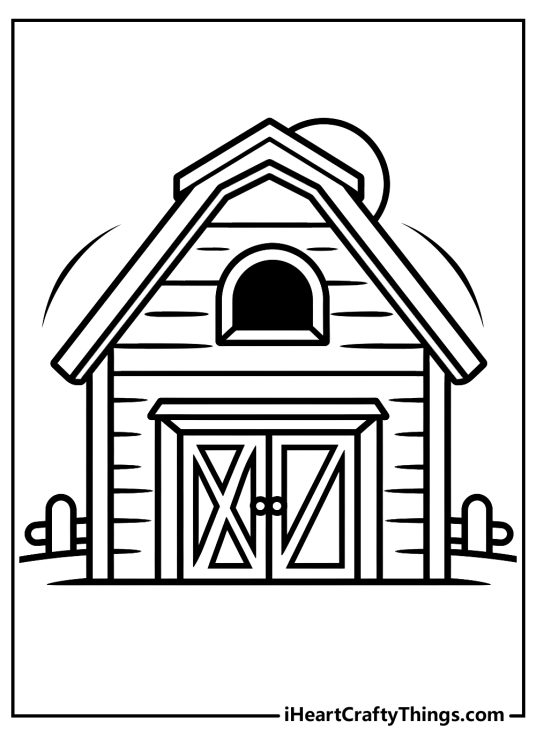 Coloring page for children depicting simple yet great looking barn with wooden fencing behind it