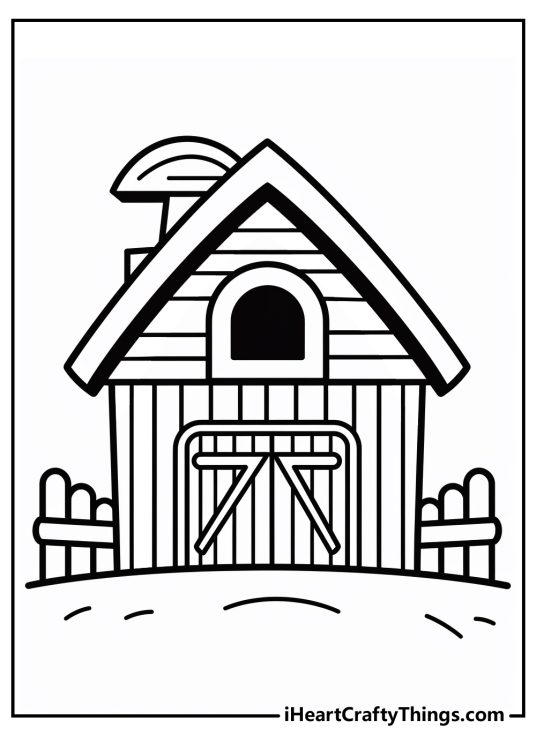 Black-and-white printable picture for children featuring traditional wooden barn