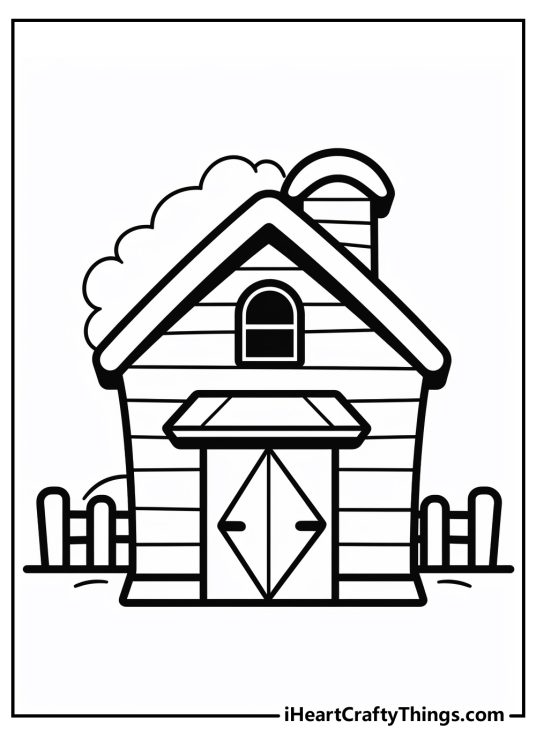 Coloring book page for pre-schoolers featuring simple design wooden barn with fencing behind it