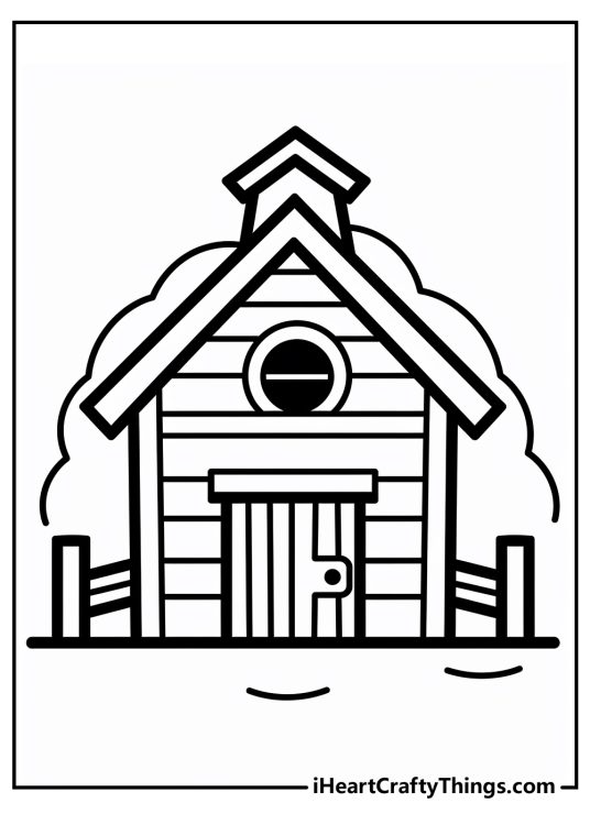 Picture to print and color featuring simple wooden barn with blank background behind it
