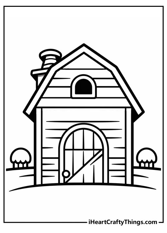 Black-and-white printable drawing for children presenting simple yet elegant wooden barn