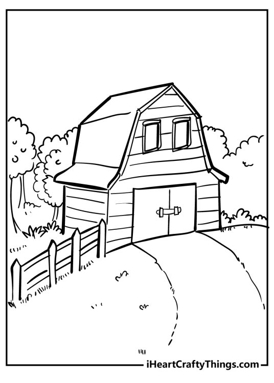 Picture presenting simple barn surrounded by some beautiful trees and wooden fencing