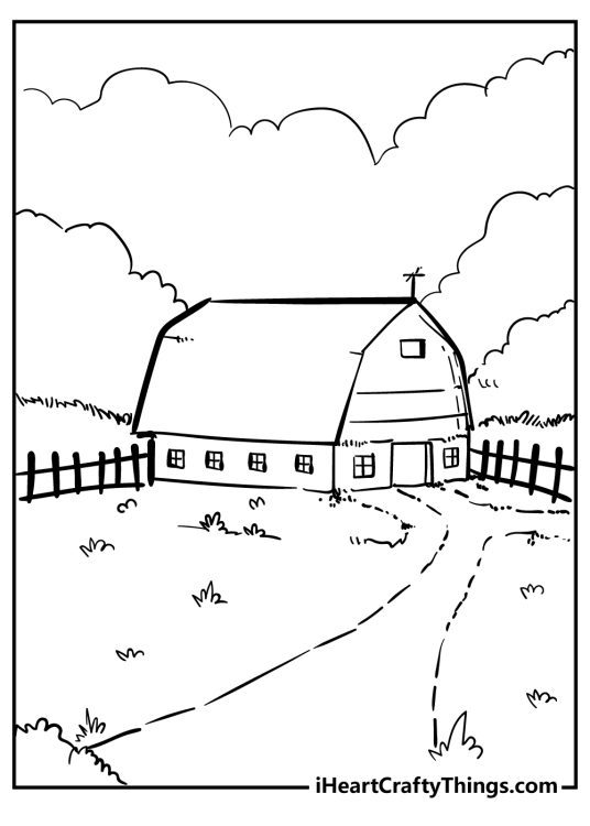Coloring image presenting calm and peaceful barn setting with lots of clouds in the sky