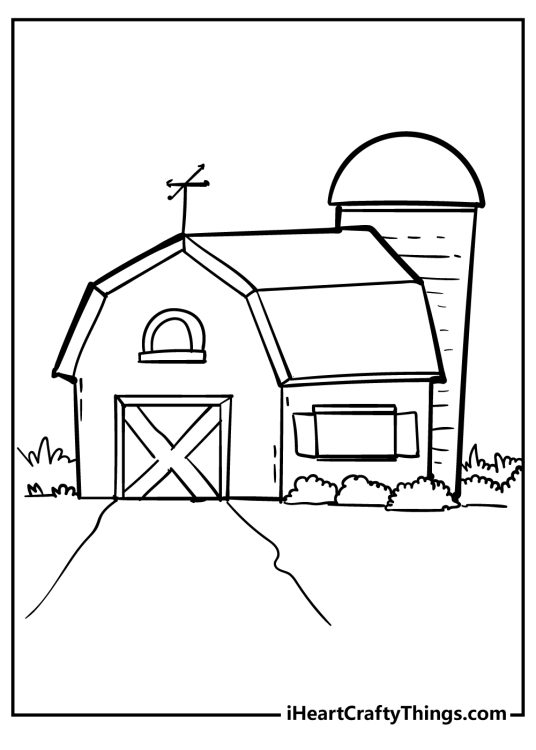 Coloring book page for children featuring barn with a silo attached to it surrounded by some bushes