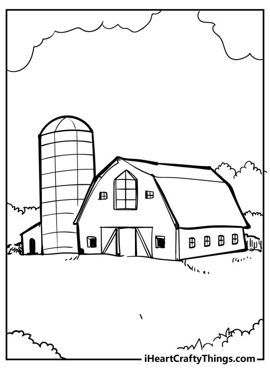 Detailed coloring image presenting large barn with an impressive silo attached to it