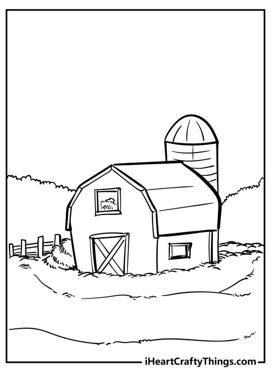 Coloring picture for children showing traditional barn with silo and a lot of hay around and inside it