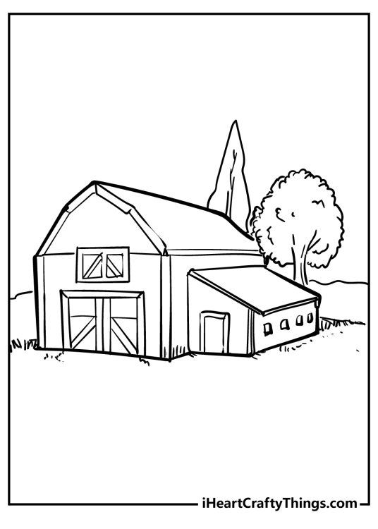 Coloring printable for kids presenting spacious barn with some tall trees behind it