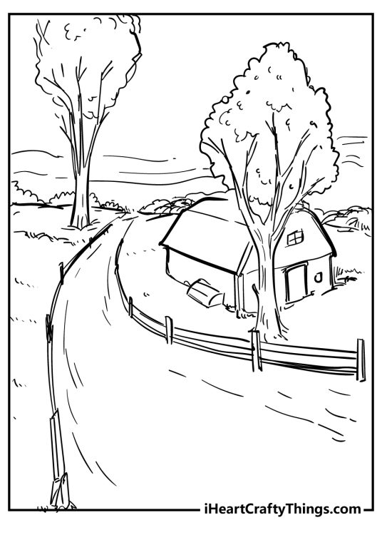 Card depicting amazing scenic landscape with a barn featured in the centre next to the road