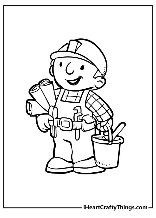 Picture featuring happy-looking Bob the Builder with a bucket in one hand and some plans rolled up under his arm