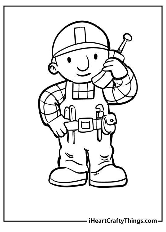 Coloring picture for kids featuring character Bob the Builder talking on the phone