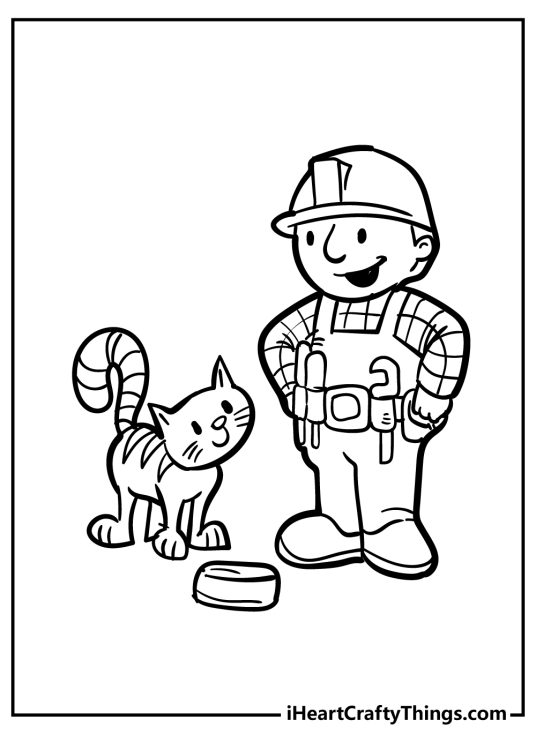 Coloring picture for pre-schoolers capturing cheerful Bob the Builder standing by his cat