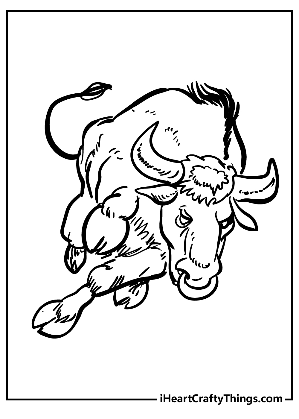 Detailed coloring printable featuring cool-looking bull as it runs at full speed