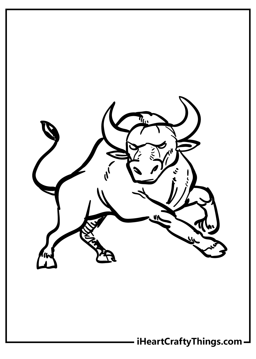 Free printable coloring sheet presenting an awesome bull in the middle of an action pose