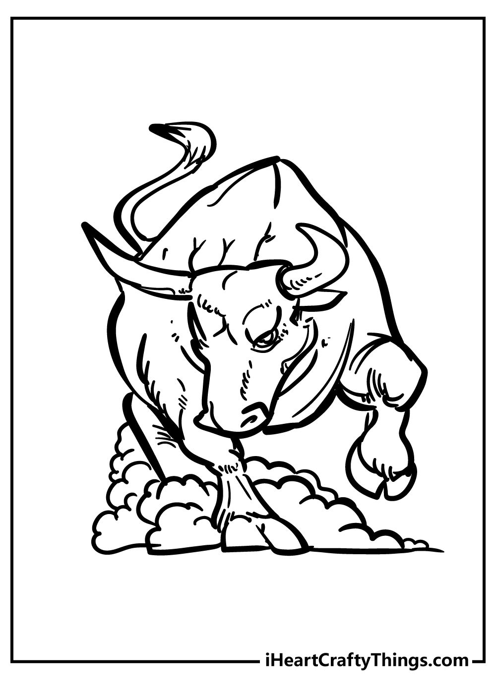 Printable pdf for children featuring charging bull with a cloud of dust behind it