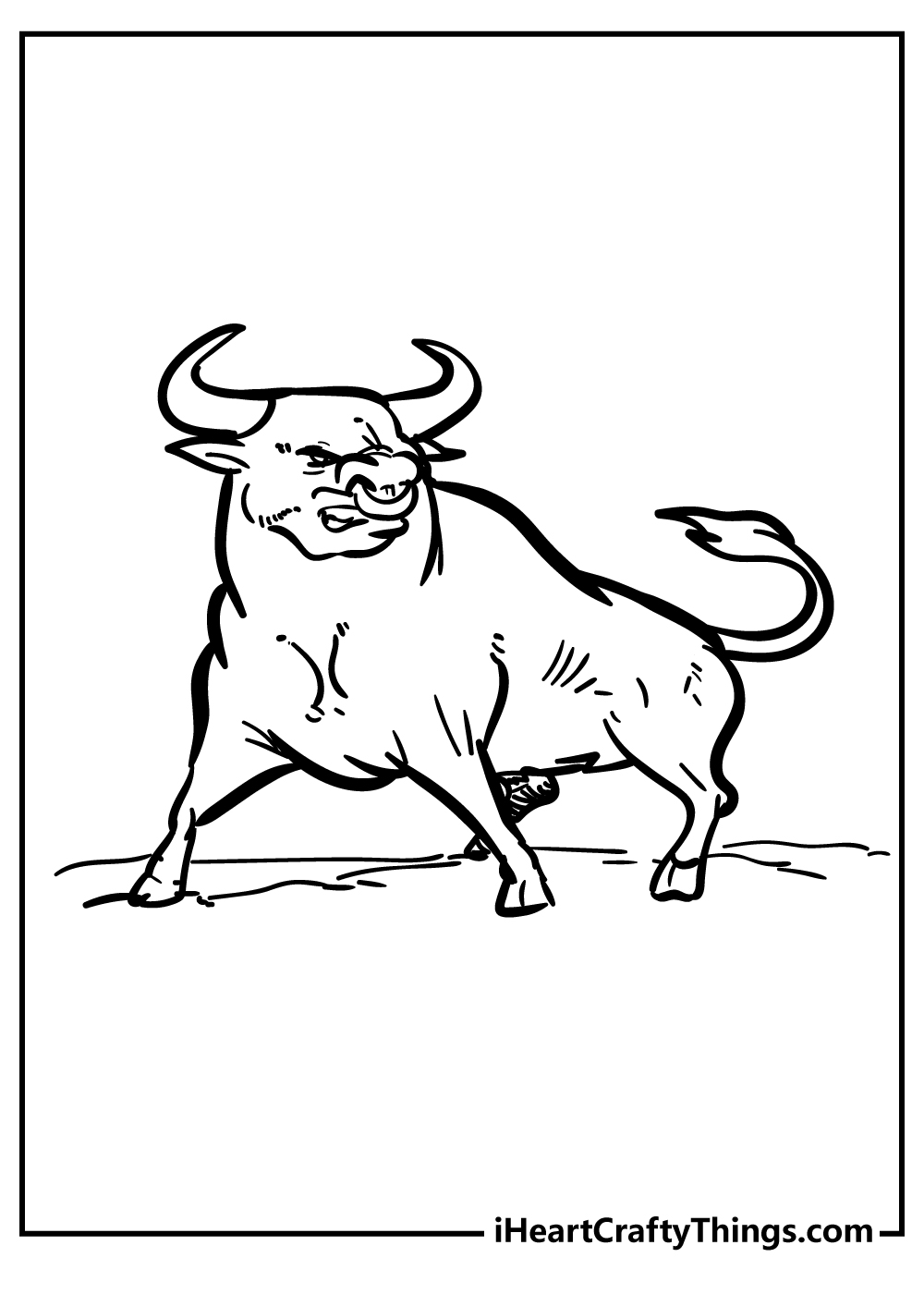 Printable coloring page showing furious bull with a really angry look on its face