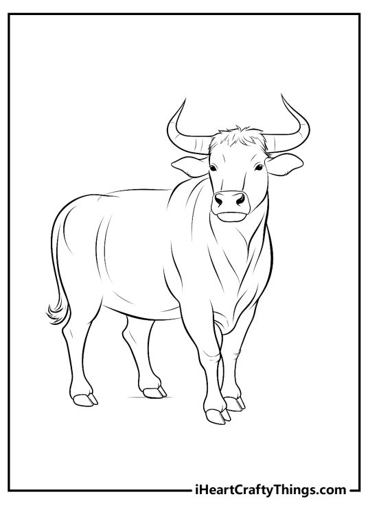 Free printable coloring sheet presenting majestic bull standing tall and proud