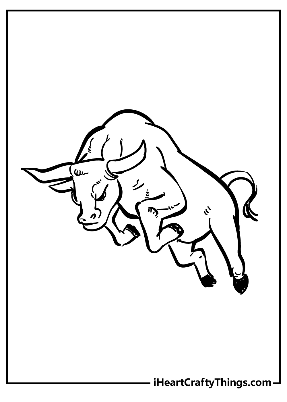 Printable picture for kids to color presenting an enraged bull leaping into the air