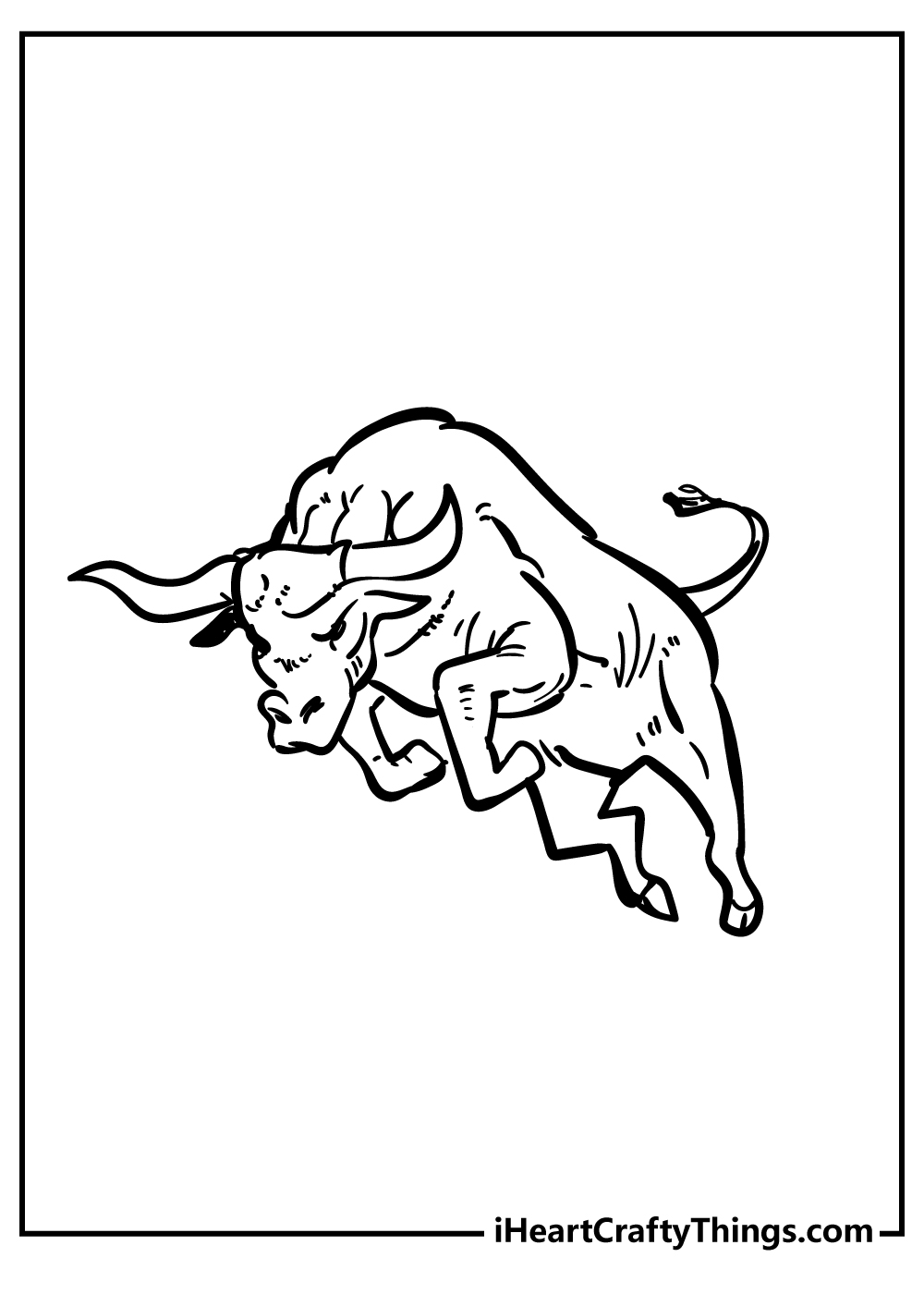 Printable coloring page for kids of a raging bull in action pose with blank background