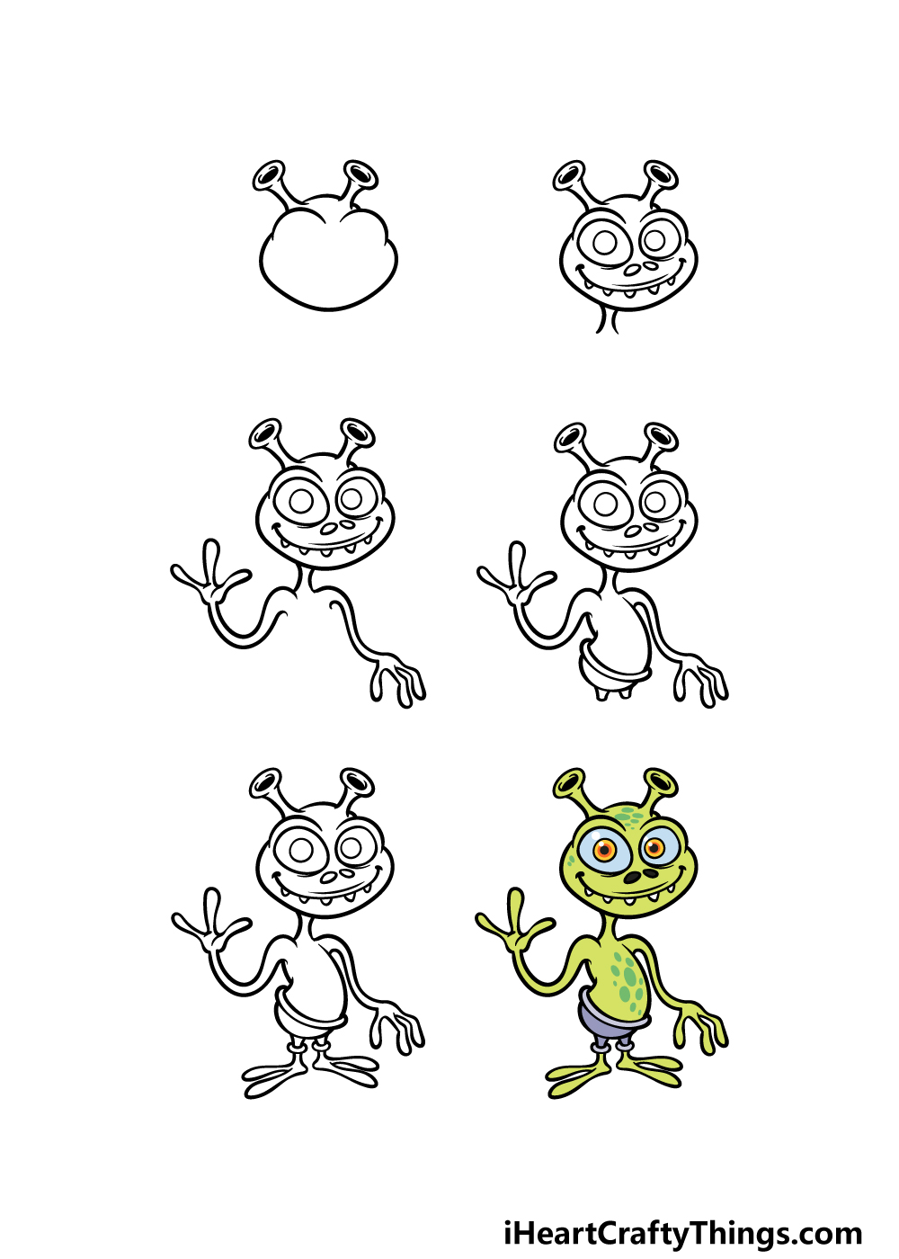how to draw a Cartoon Alien in 6 steps