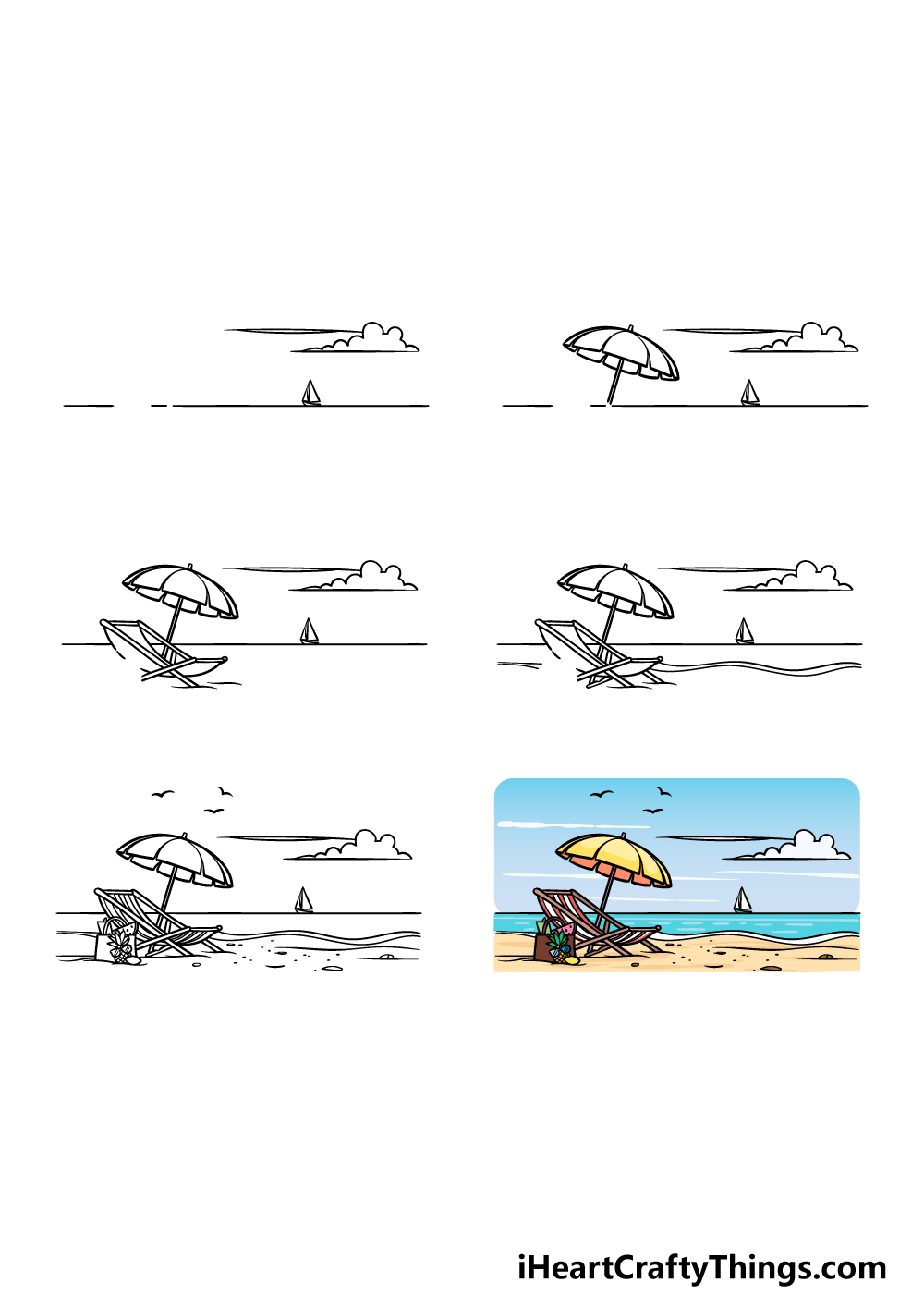 how to draw a cartoon beach in 6 steps