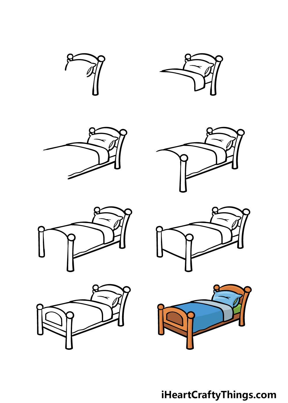 how to draw a cartoon bed in 8 steps