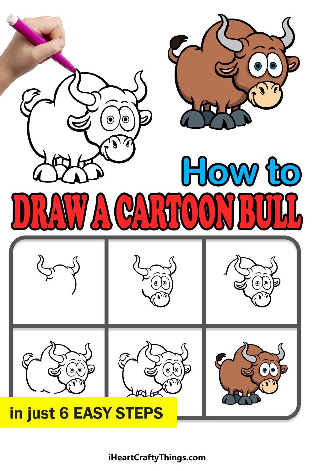 how to draw a cartoon bull in 6 easy steps