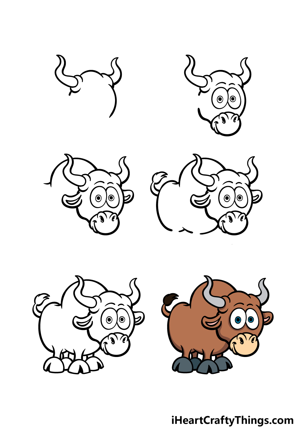 how to draw a cartoon bull in 6 steps