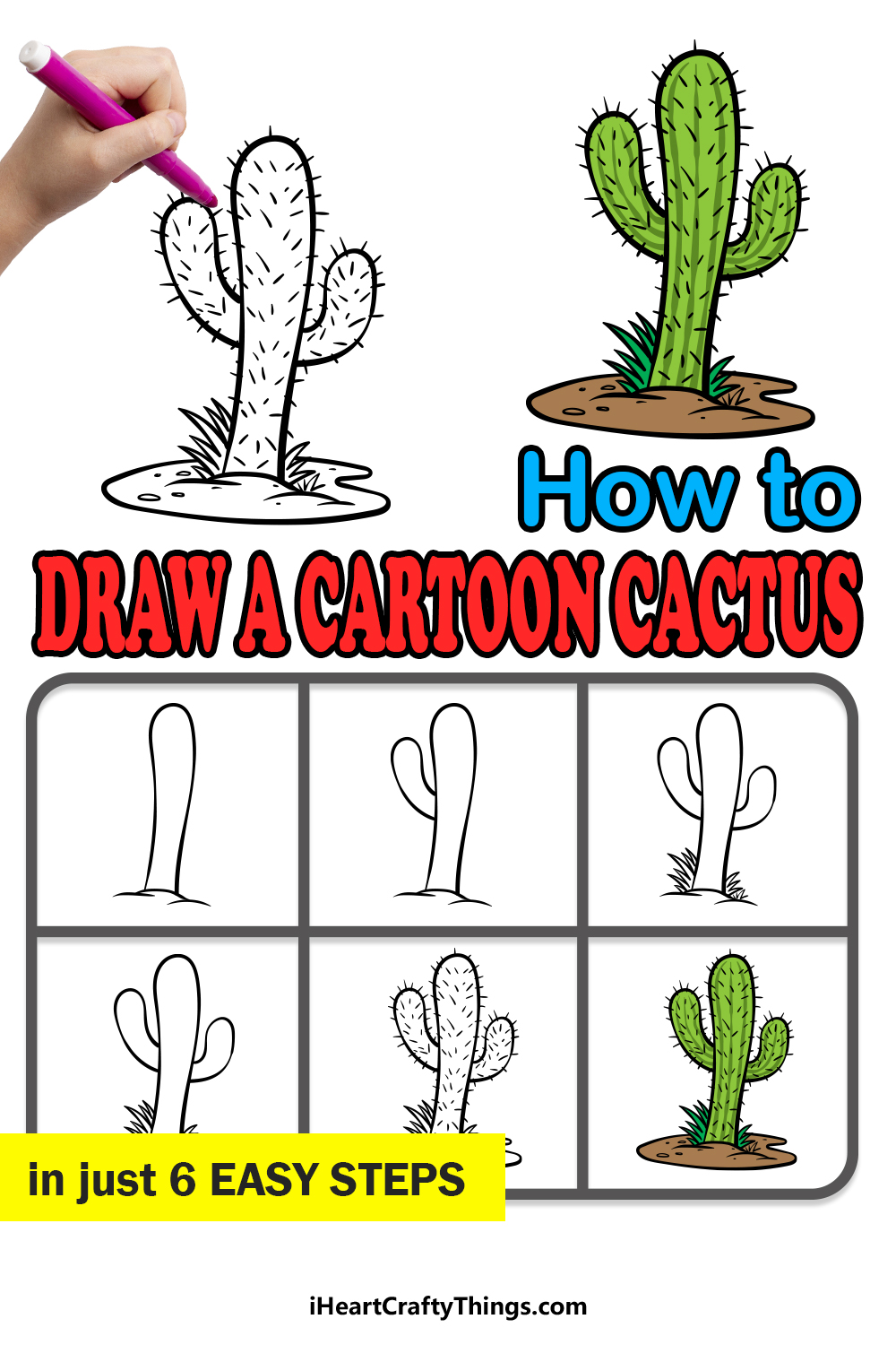 how to draw a cartoon cactus in 6 easy steps