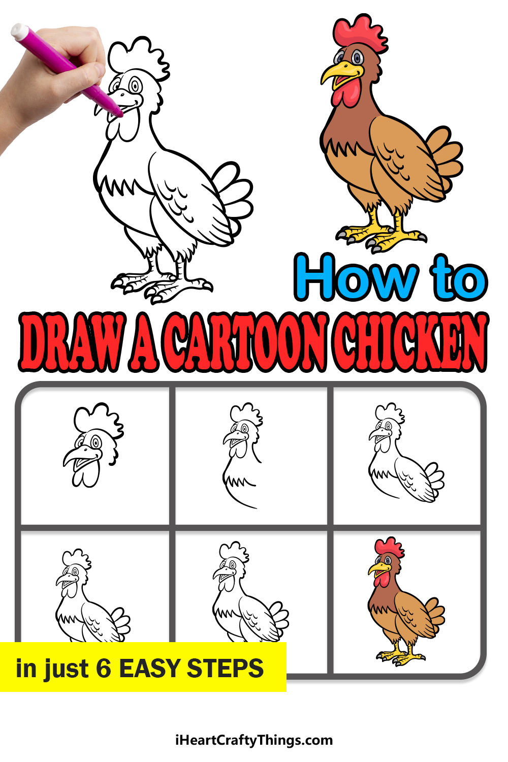 how to draw a cartoon chicken in 6 easy steps