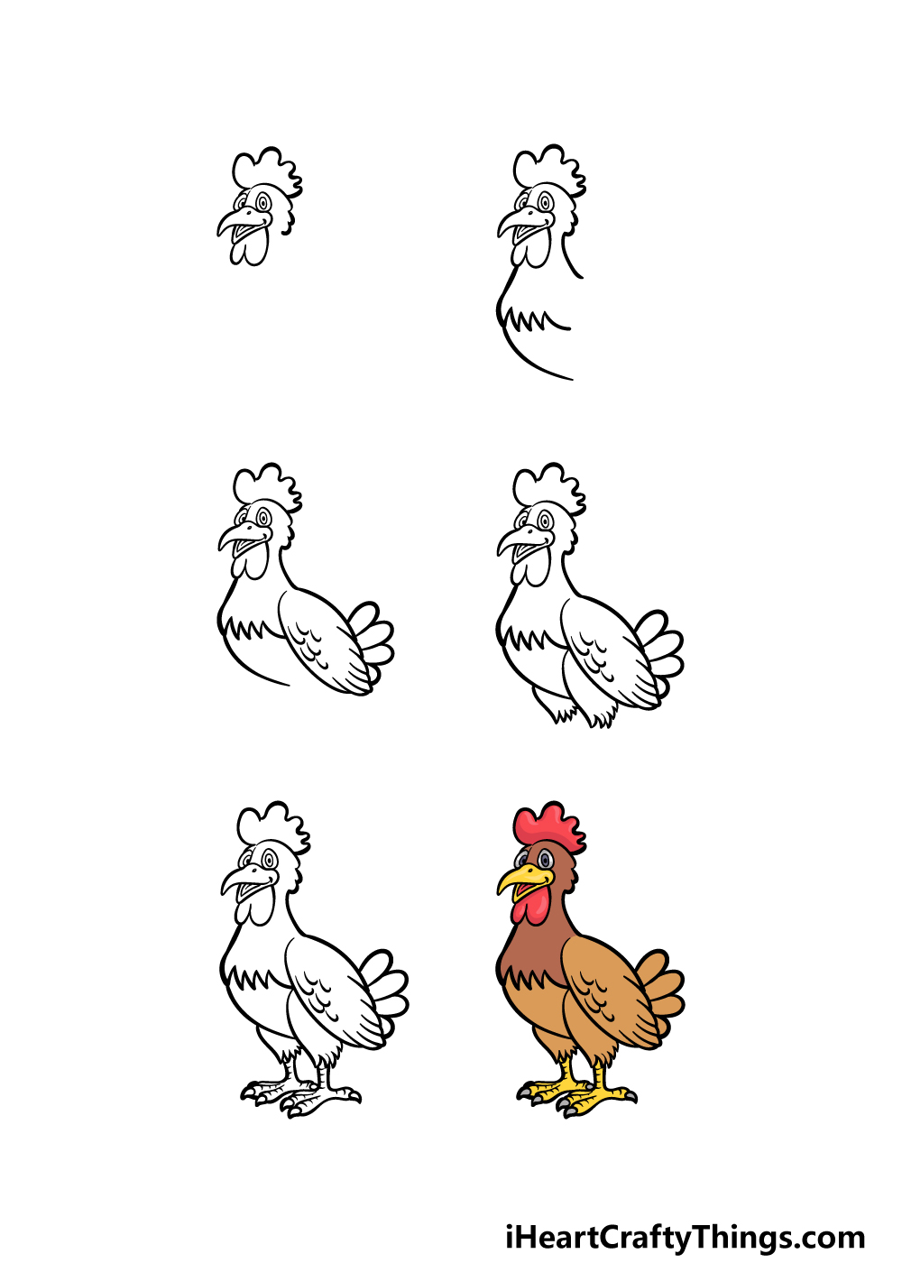 how to draw a cartoon chicken in 6 steps