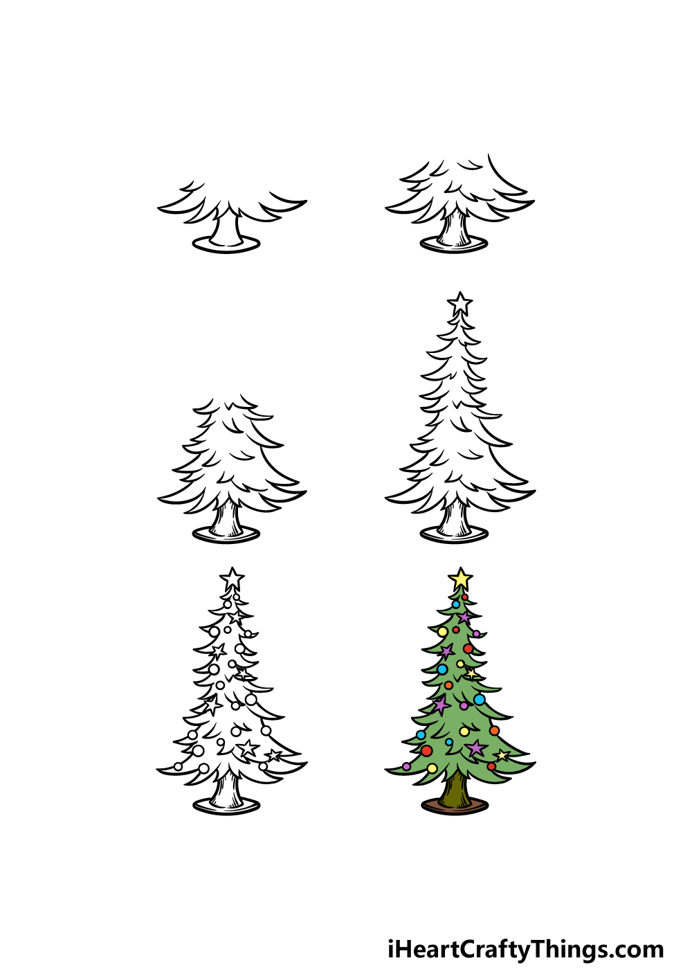how to draw a cartoon Christmas Tree in 6 steps