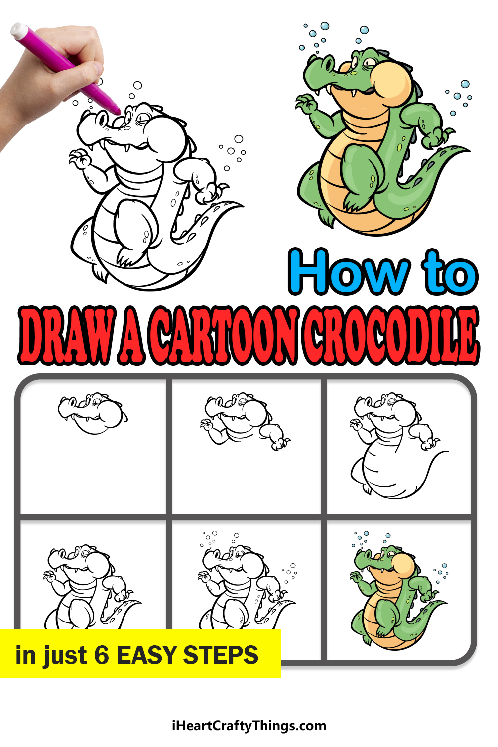 how to draw a cartoon crocodile in 6 easy steps